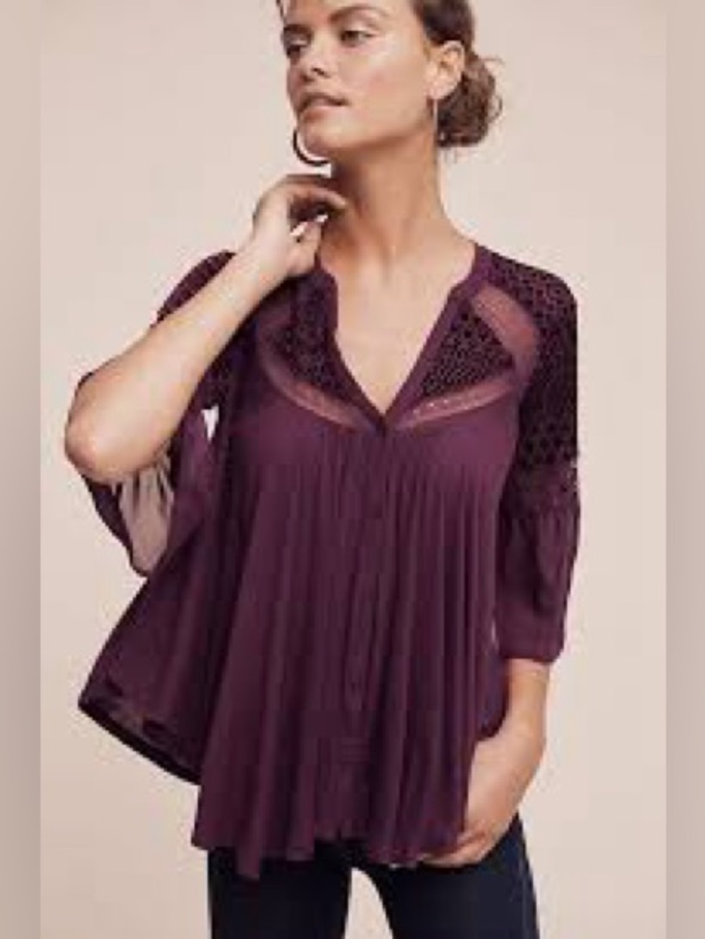 NWT. Anthropologie, Meadow Rue, Medium, Surya burnout top, Plum Lace-Trim V-Neck